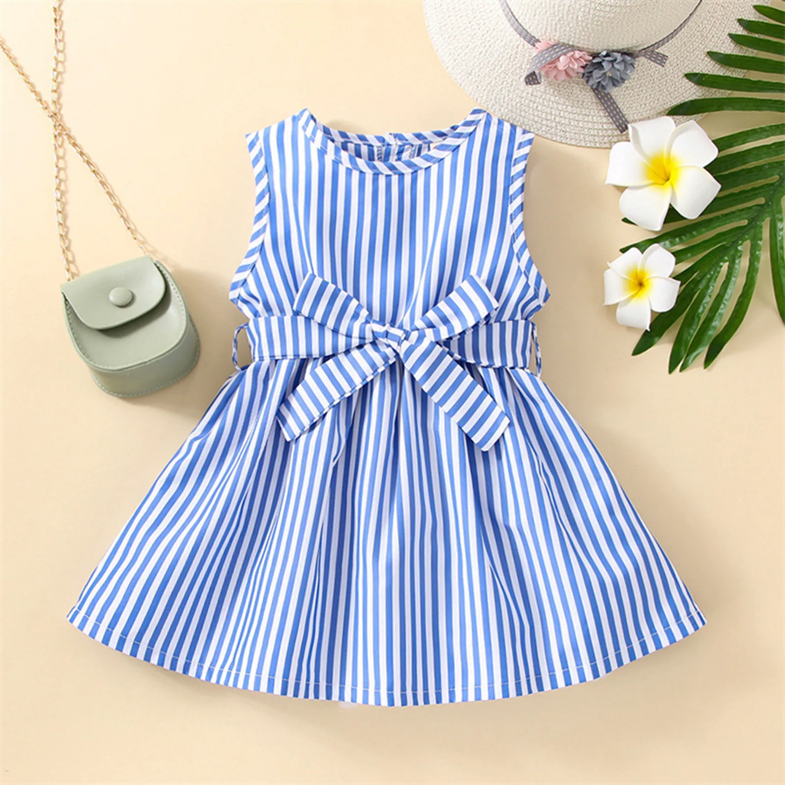 

Toddler Kids Girls Infant Sleeveless Lace Bowknot Stripe Prints Princess Dress Lace Tulle Flower Girl Dress