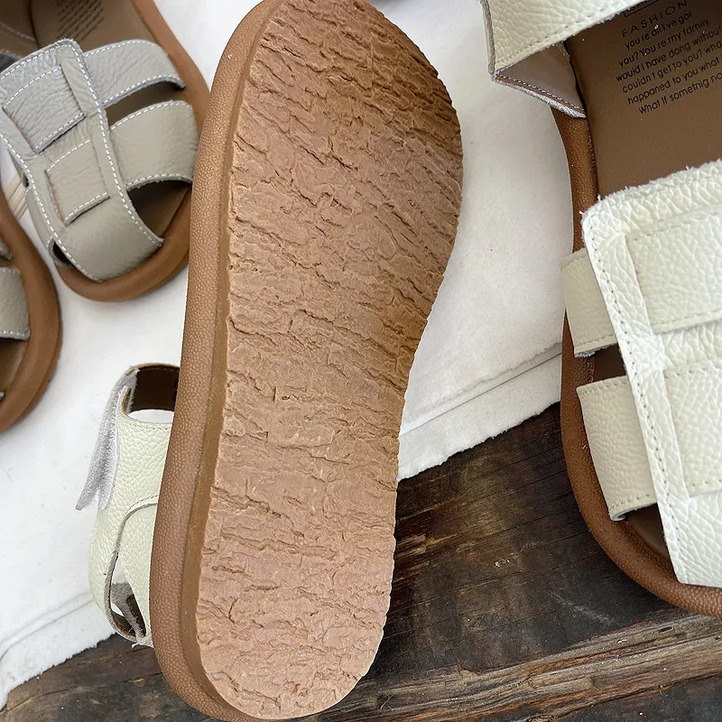 Careaymade-Summer Genuine Leather soft soles sandals,women Roman artistic round toe flat shoes,cowhide Comfortable women's shoes