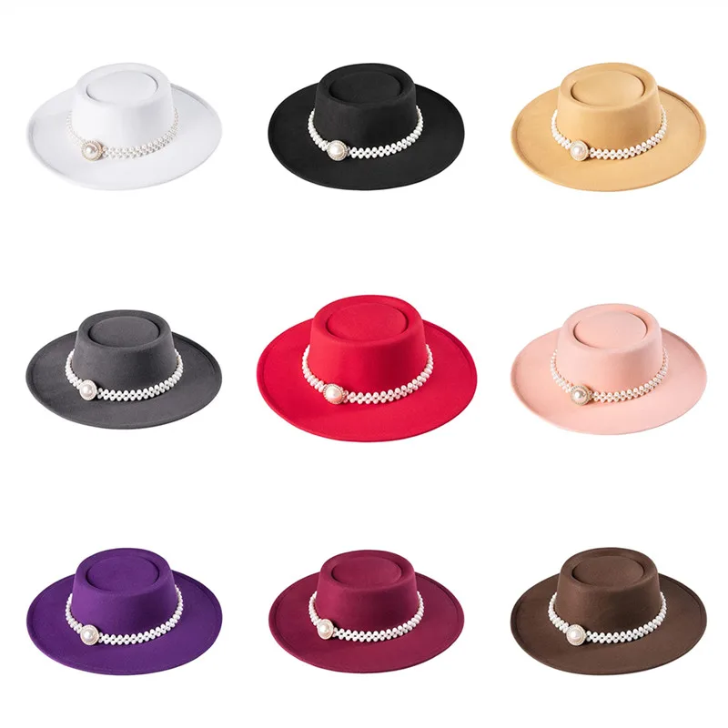 

Шляпа в винтажном стиле для мужчин и женщин, фетровая Федора с жемчужной цепочкой и широкими полями, однотонная, Осень-зима