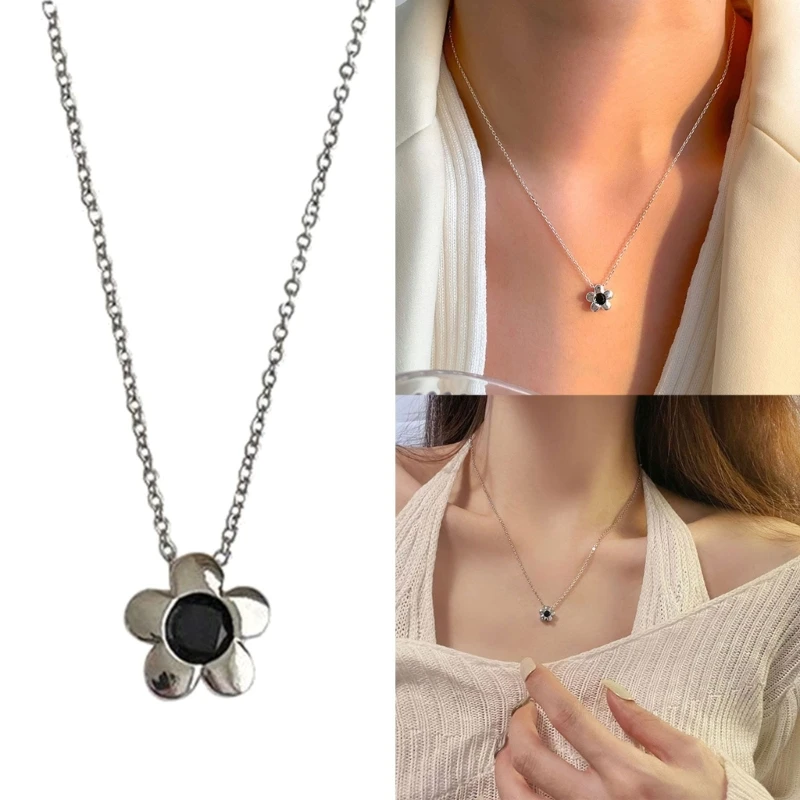 

E0BF Metal Black Flower Pendant Necklace for Women Personality Choker Simple Jewelry
