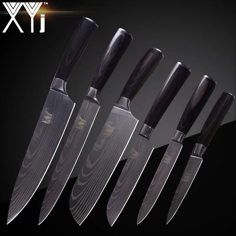 XYj 6PCS Stainless Steel Knife Set Roll Bag Kitchen Knives Kit Damascus Pattern Chef Slicing Bread Santoku Utility Paring Knife