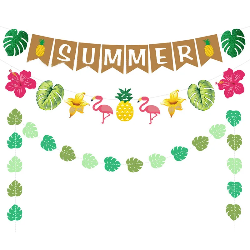 Summer Theme Party Banner Tropical Theme Turtle Leaves Garlands Aloha Pineapple Flamingo Banner Favor Hawaiian Party Decoration
