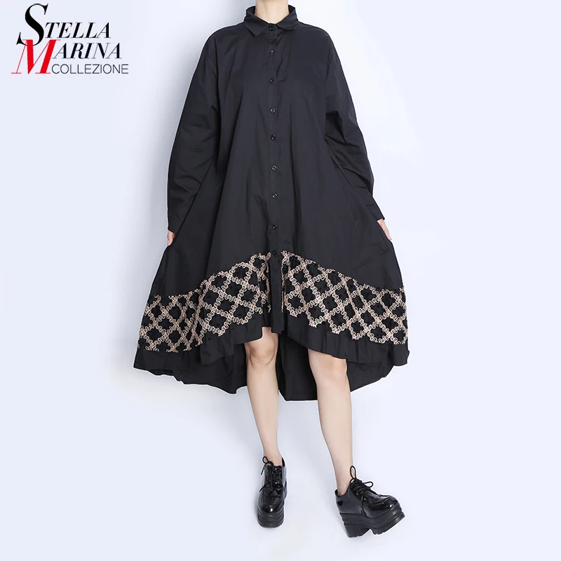 

Long Sleeve Printed Hem New Autumn Woman Big Size Loose Casual Wear Black Shirt Dress Korean Style Girls Large Robe Style HU7716