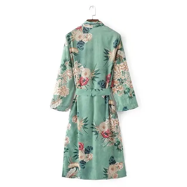 Bohemian Green Floral Print Women Kimono Robe Shirt Lacing up Sashes Above Knee Cardigan Loose Bikini Cover Blouse Tops Beach