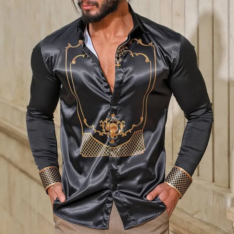 

2022 Spring Autumn Casual Long Sleeve Patchwork Shirts Men Vintage Pattern Print Slim Shirt Men Buttoned Lapel Top Streetwear