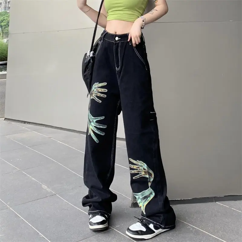 

Брюки OOTD в американском ретро-стиле, прямые джинсы с пальмовым принтом, для мужчин и женщин, уличная одежда в стиле Харадзюку, Y2K