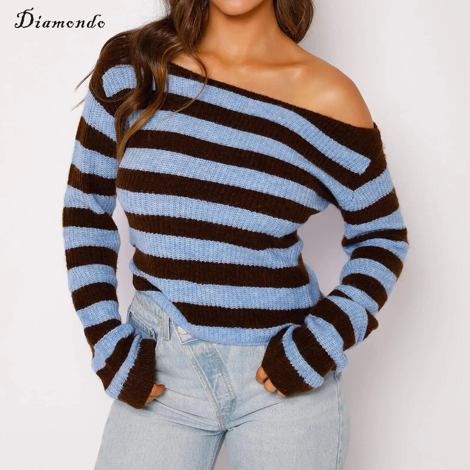 

Women Crochet Pullovers Top Long Sleeve Horizontal Stripe Winter Sweater Ribbed Knit Slash Neck Off Shoulder Vacation Suit