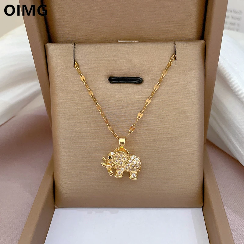 

OIMG 316L Stainless Steel Gold Plated Niche Design Animal Elephant Pendant Girl Necklace Exquisite Clavicle Chain Sweet Jewelry