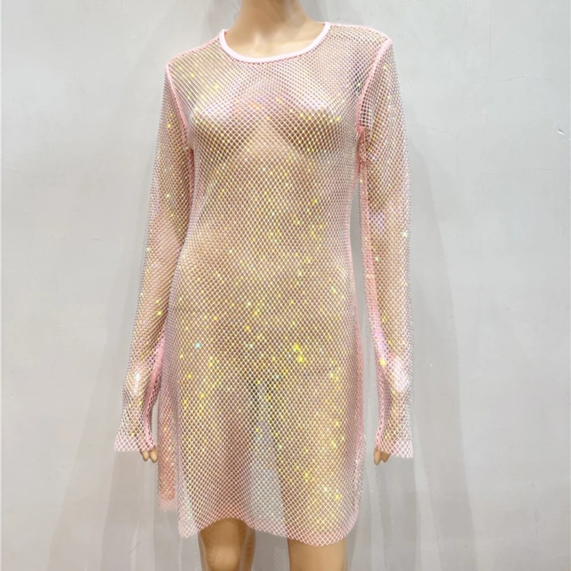 Pink Glitter Long Sleeve Dress Grid Coloured Diamond See-through Dress Sexy Dress Fashion