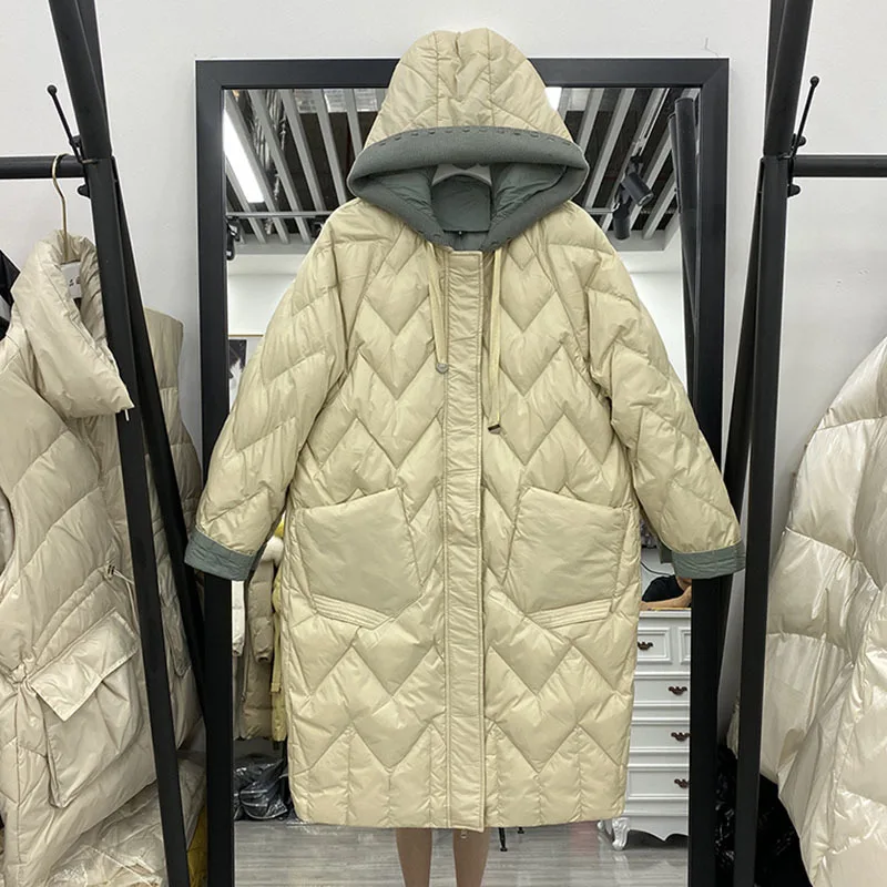 Women White Duck Down Long Jacket Light Casual Loose Autumn Winter Warm Outwear with Hood Patchwork Knitting Coat New