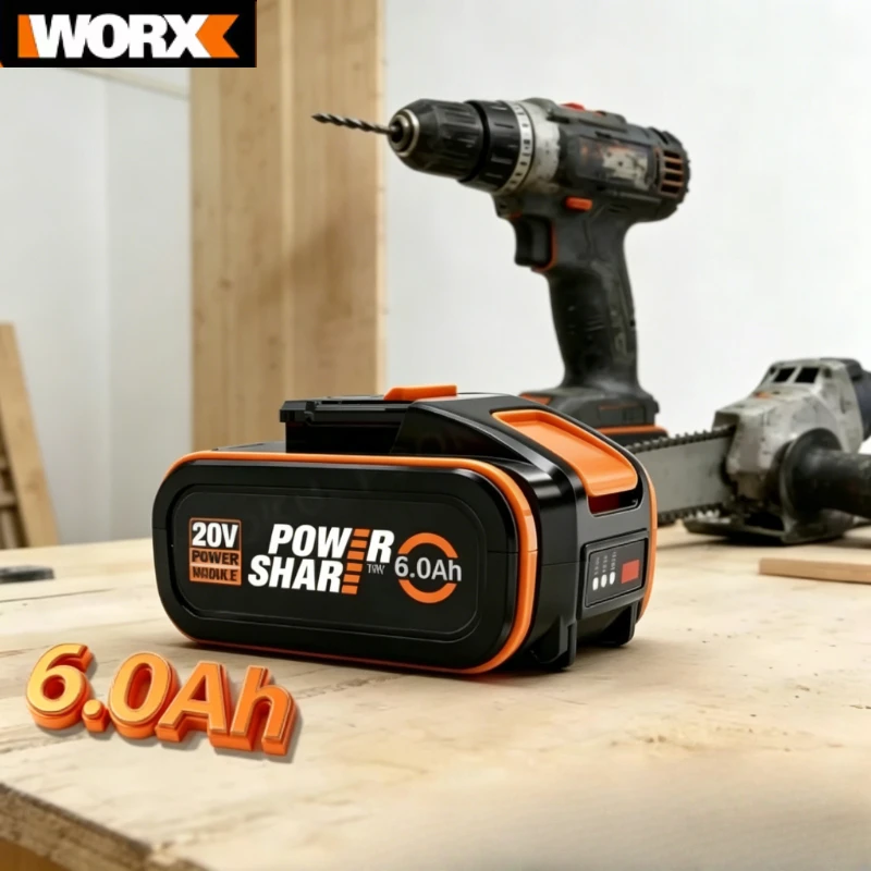Фото Литиевая батарея Worx 20V 6.0Ah (6000 мАч) с длительным сроком службы, совместима с моделями WA3553, WA3551, WU800, WX372 для беспроводных инструментов. №1