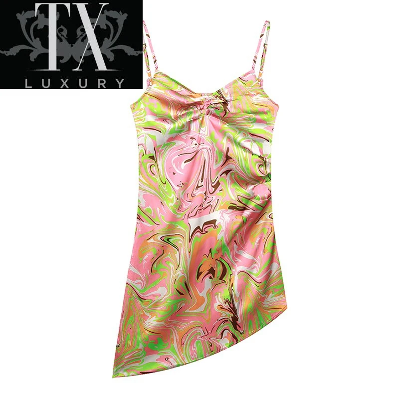 

Women's French Sexy V Neck High Waist Suspender Dresses Fashion Chic Irregular Printed Pleated Skinny Short Dress Female