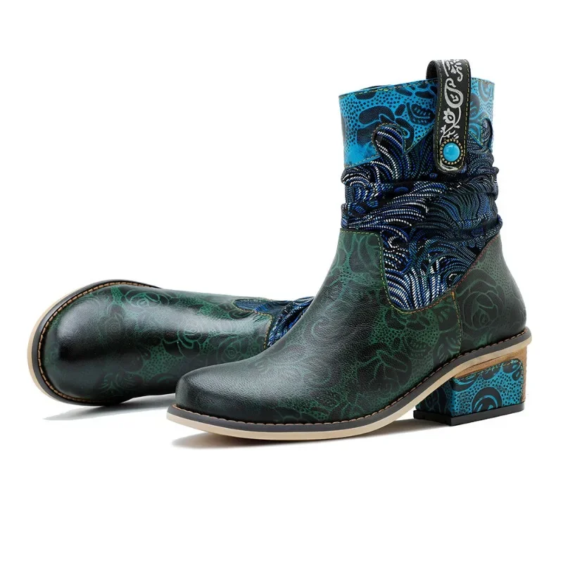 Koznoy 4 5 см кожаные ботинки из овчины с вышивкой женские до середины икры на молнии