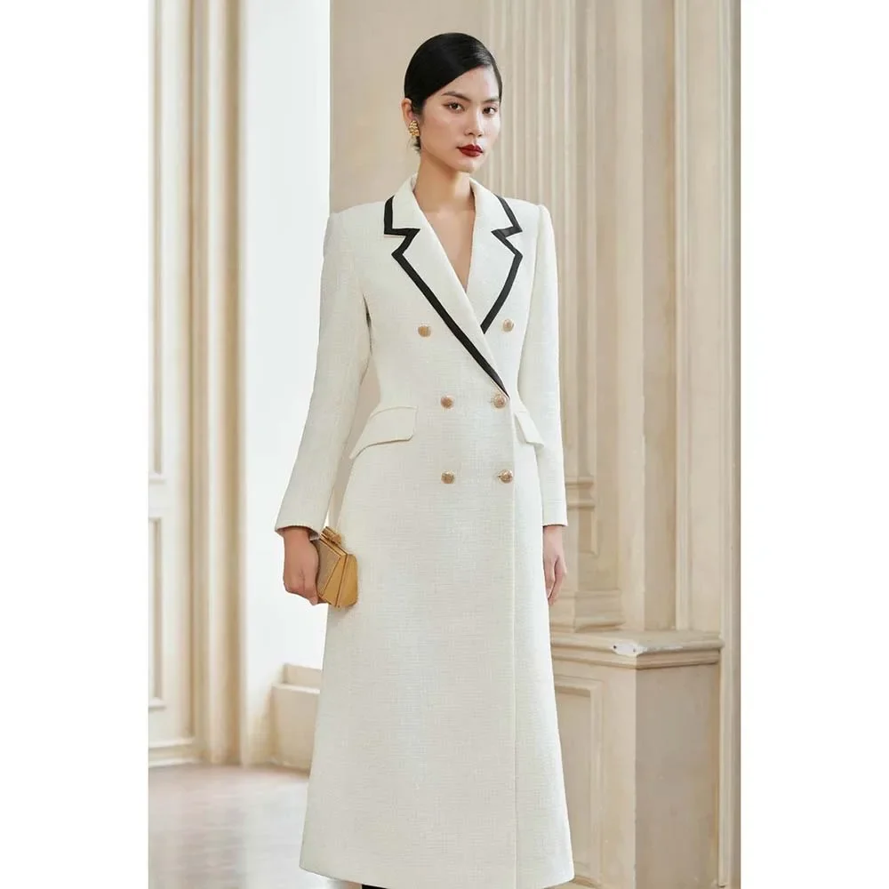 Элегантный длинный пиджак для женщин двубортный цельный с лацканами формальный