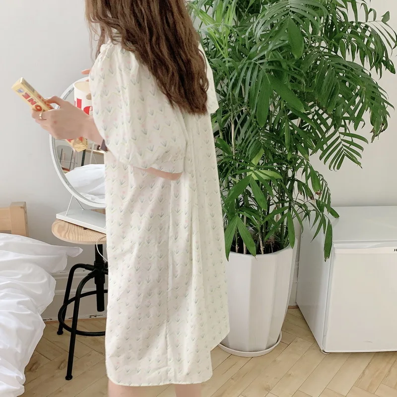 Women's Pajamas Night Dress Korean Fashion Lounge Wear Floral Lace Round Neck Cotton Sleeve Sleepdress Nightgown Women Cotton