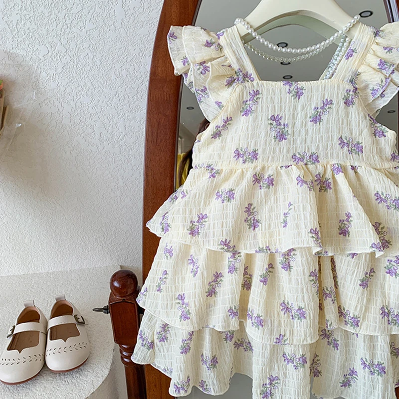 Новинка 2024 Летнее Детское платье модное с принтом в виде торта Клубное цветочным