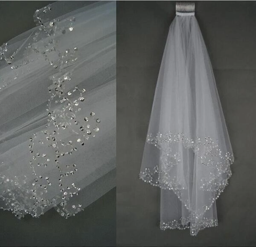

New Arrival White Ivory Woman Bridal Veils 2 Layers 75 CM Handmade Sequins Beaded Edge With Comb Accessories