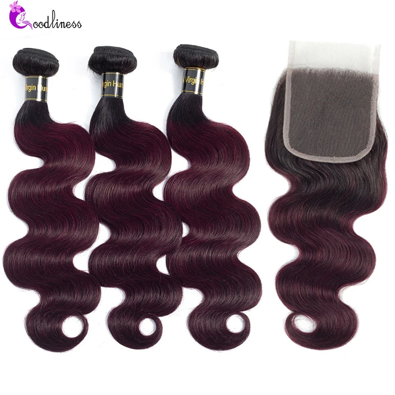 Body Wave Ombre Bundles With Closure 1B/99J Two Tone Human Hair Weave Brazilian Burgundy 3/4 Bundles With Lace Closure Wig