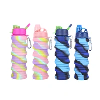 500ml portable collapsible water bottle silicone leak proof water cup for outdoor sports travel drinking bottle with carabiner