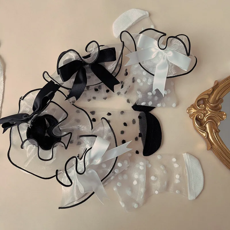 Children Girl Lolita Satin Lace Jacquard Socks.Kid Toddler Princess Bow Socks.Spanish Style Hollow Out Sock Sox 1-13T