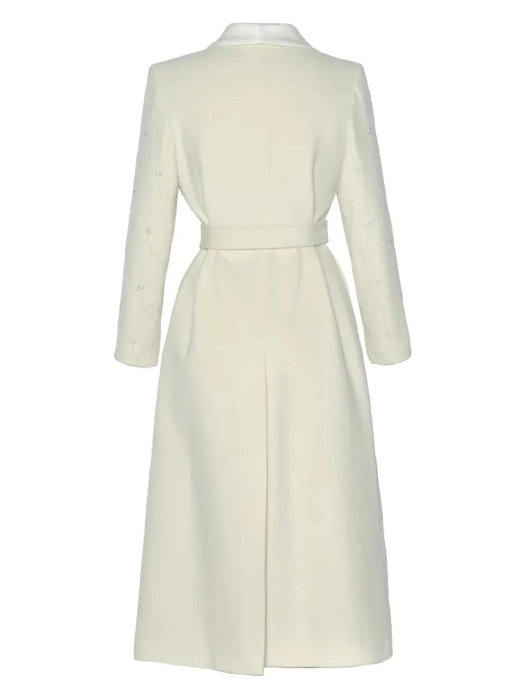 Seasixiang пальто с бисером для женщин отложным воротником и длинными рукавами поясом