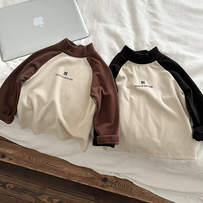 

2023 Autumn Winter Kids half high collar base T shirts Boys letters warm Tops Girls contrast color long sleeve pullover