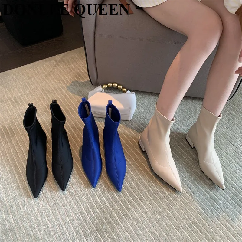 

Women Boots Pointed Toe Elastic Lycra Ankle Booties Flat Heels Shoes Female Elasticity Thin Sock Boots 2022 Brand Botas De Mujer