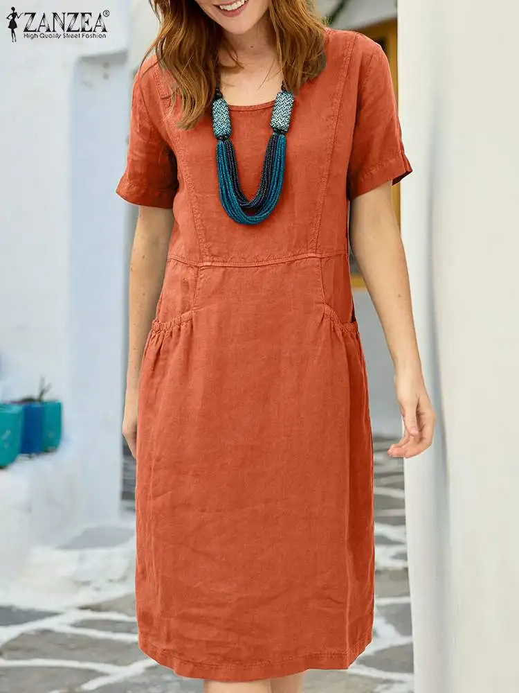 Летнее платье с круглым вырезом, женское элегантное рабочее платье ZANZEA, праздничное платье с коротким рукавом, повседневные Хлопковые Платья, женское платье Летнее платье с круглым вырезом, женское элегантное рабочее платье ZANZEA, праздничное платье с коротким рукавом, повседневные Хлопковые Платья, женское платье