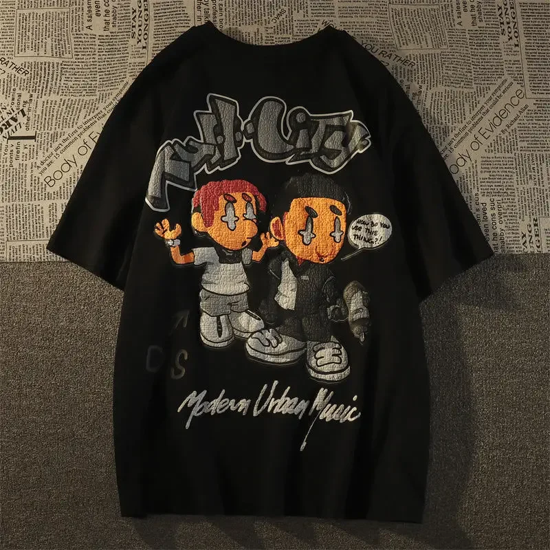 Уличная футболка с короткими рукавами в стиле ретро мужские свободные стильные
