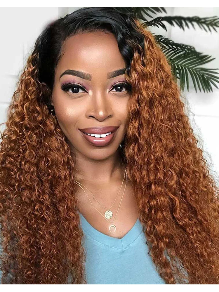 

Lace Front Wig Jerry Curly Human Hair 1B 30 Ombre Ginger Brown 4x4 Transparent Lace Pre-plucked Wigs for Women Bobbi Collection