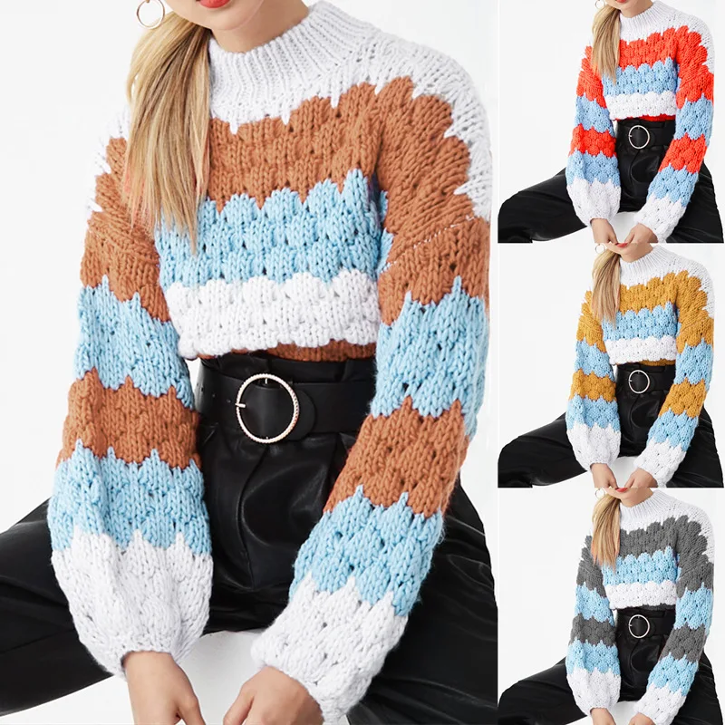 

Europe and America Fashion Casual Color Matching Sweaters Round Neck Puff Sleeve Knitted Pullover Long Sleeve Sweater Female