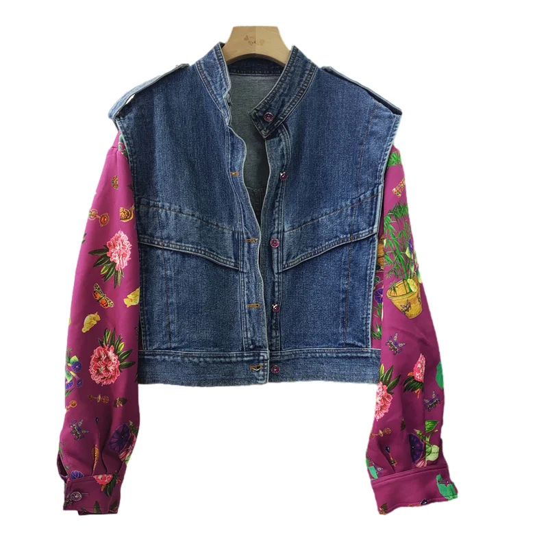 

Куртка женская джинсовая с воротником-стойкой, винтажный жакет из денима с принтом и рукавами-стоечкой, ковбойская верхняя одежда контраст...