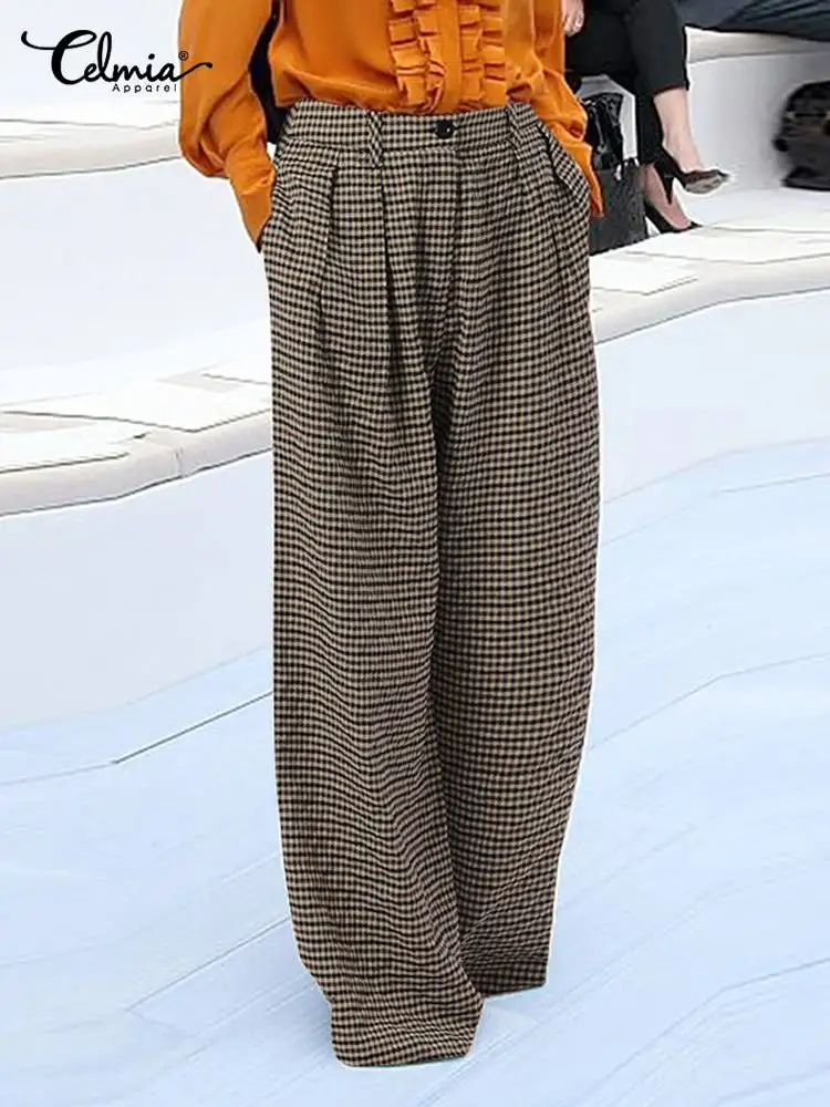 

Celmia 2023 Fashion Wide Leg Pantalon Women Pleated Long Trousers Pockets Work High Waist Elegant Plaid Vintage Checked Pants