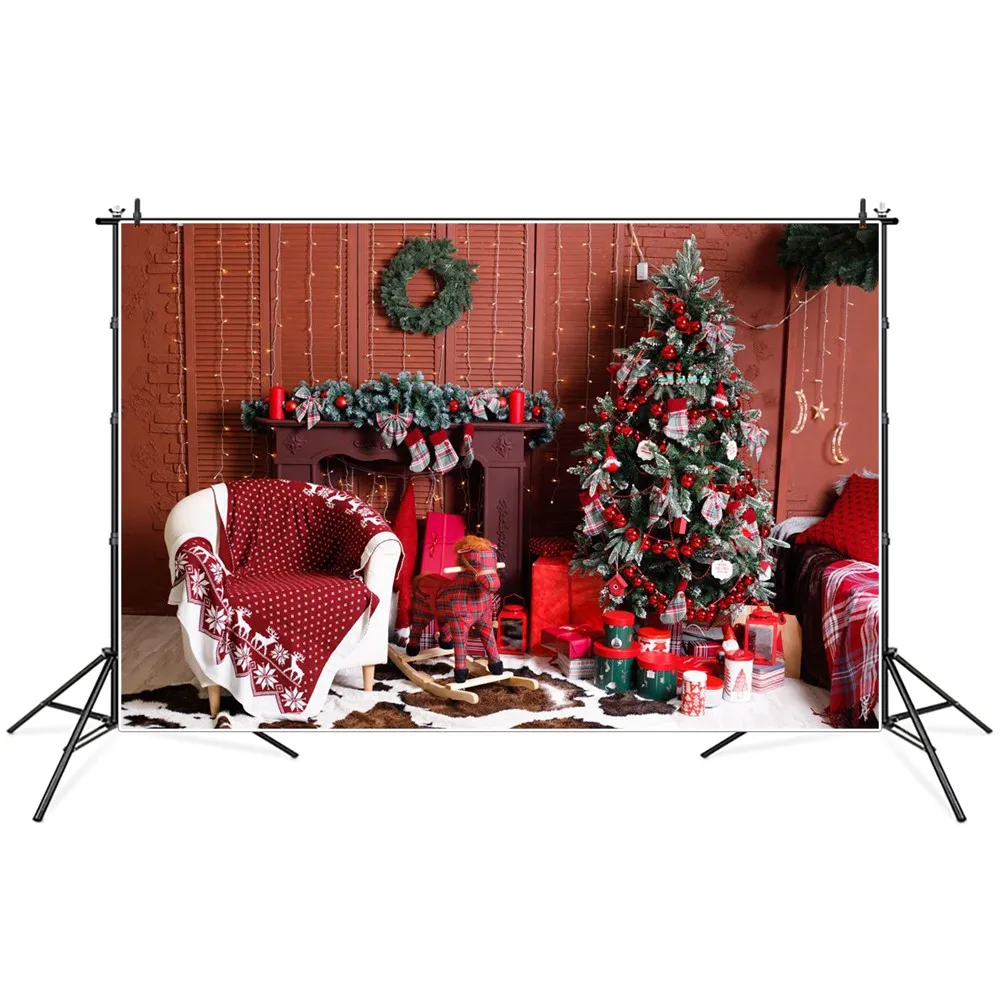 

Фон для фотографий с изображением рождественской елки подарков гирлянды камина стены