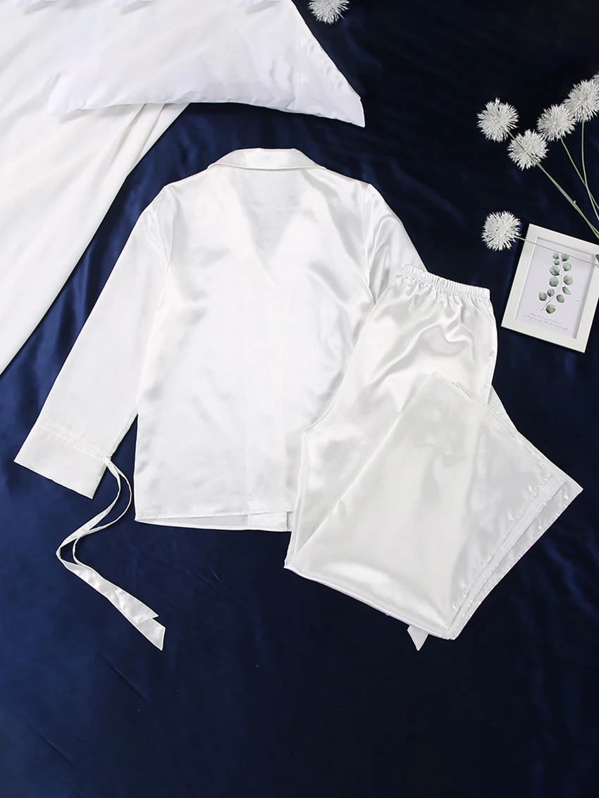 Marthaqiqi Satin Women'S Pajamas Sets Sexy Turn-Down Collar Nightwear Long Sleeve Sleepwear Wide Leg Pants Femme Home Wear Suits