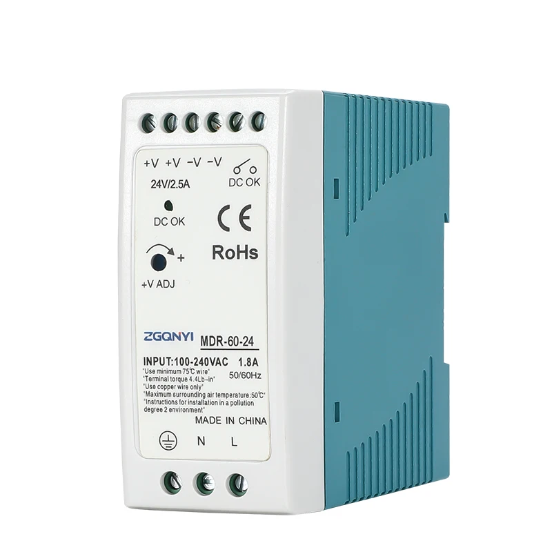 

Светодиодный импульсный источник питания ZGQNYI на DIN-рейке 24 В, эффективный и прочный, используется для коммуникационного оборудования