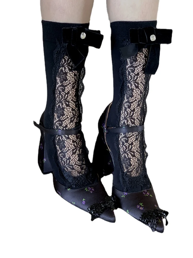 Three-Dimensional Velvet Bow Socks Autumn and Winter Special-Interest Design Black Lace Tube Socks