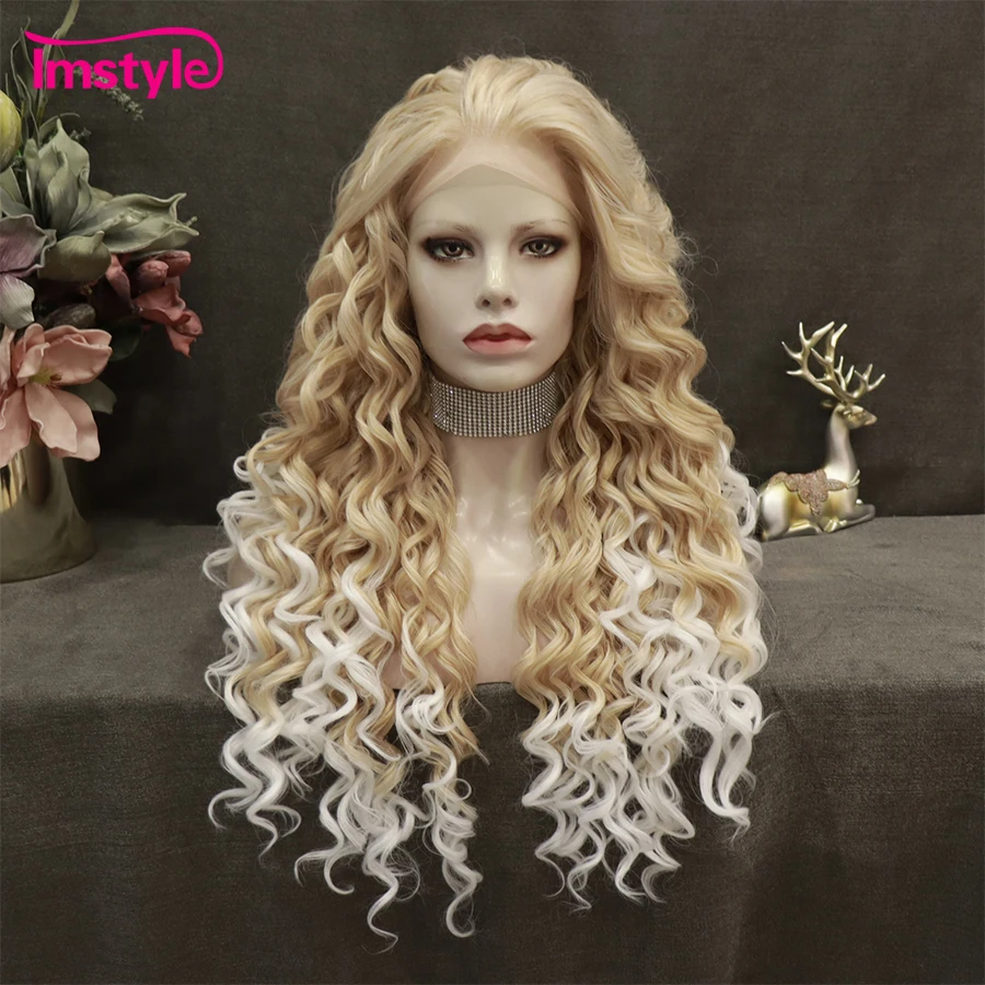 

Imstyle Ombre Blonde White Wig Synthetic Lace Front Wig Long Curly Lace Wigs For Women Heat Resistant Daily Cosplay Wigs