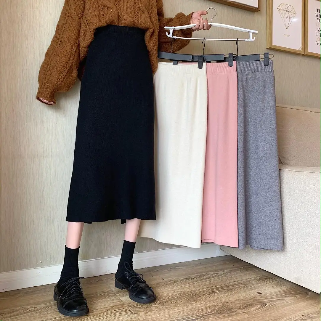 

Elastic Waist Long Straight Skirts Women Split Knitted Pencil Skirt Autumn Winter Slim Midi Skirt Elegant Bodycorn Casual M705
