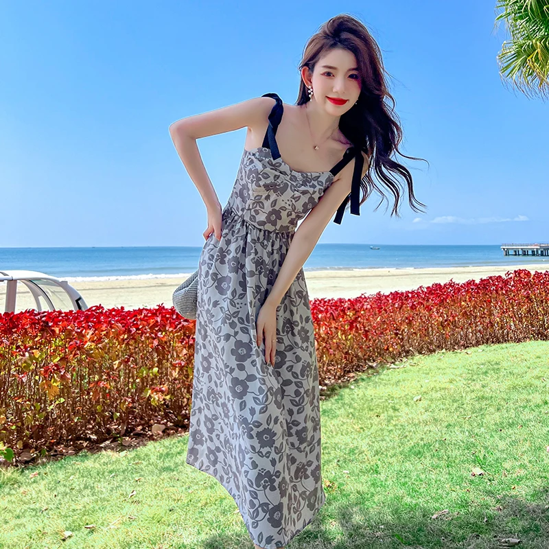 

Party Women's Sexy Dresses Backless Summer Sleeveless Printing Vacation Beach Style Elegant Loose High Waist Female Clothing