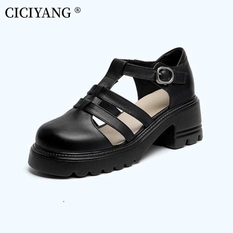 CICIYANG Women Sandals Genuine leather 2023 Summer New British Style Retro Women Sandals Woven Closed Thick Bottom Roman Sandals