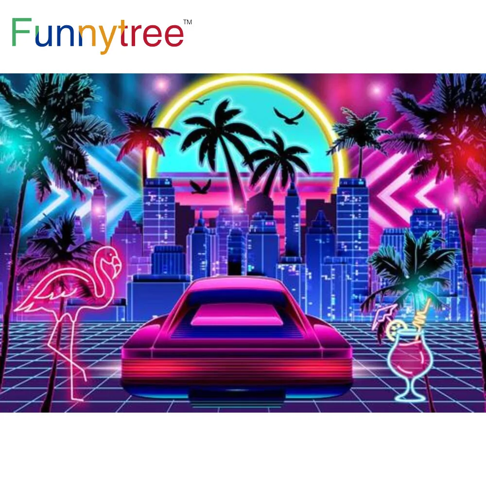 

Funnytree Miami Backdrop Retro 80s Summer Palm Tropical Neon Disco Style Birthday Party Decor Tree Decor Photo Booth Banner