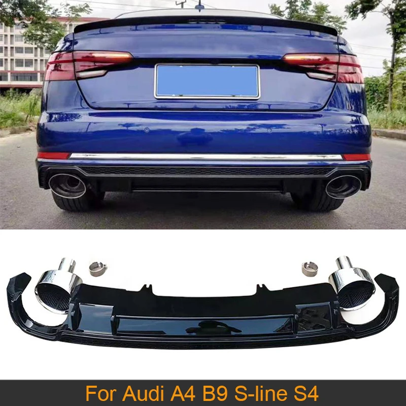 

For Audi A4 B9 S-line S4 2017 - 2019 Gloss Black Car Rear Bumper Diffuser Lip Spoiler With Silver Exhaust Tips