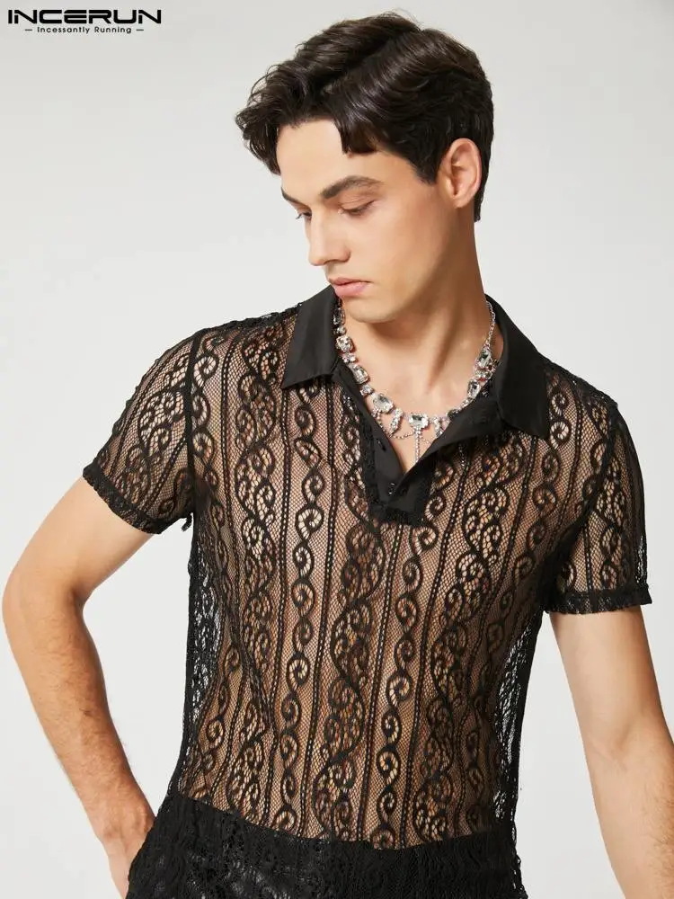 INCERUN Tops 2022 American Style New Men Lace Printing Blouse Casual Streetwear Male See-through Short Sleeve Lapel Shirts S-5XL
