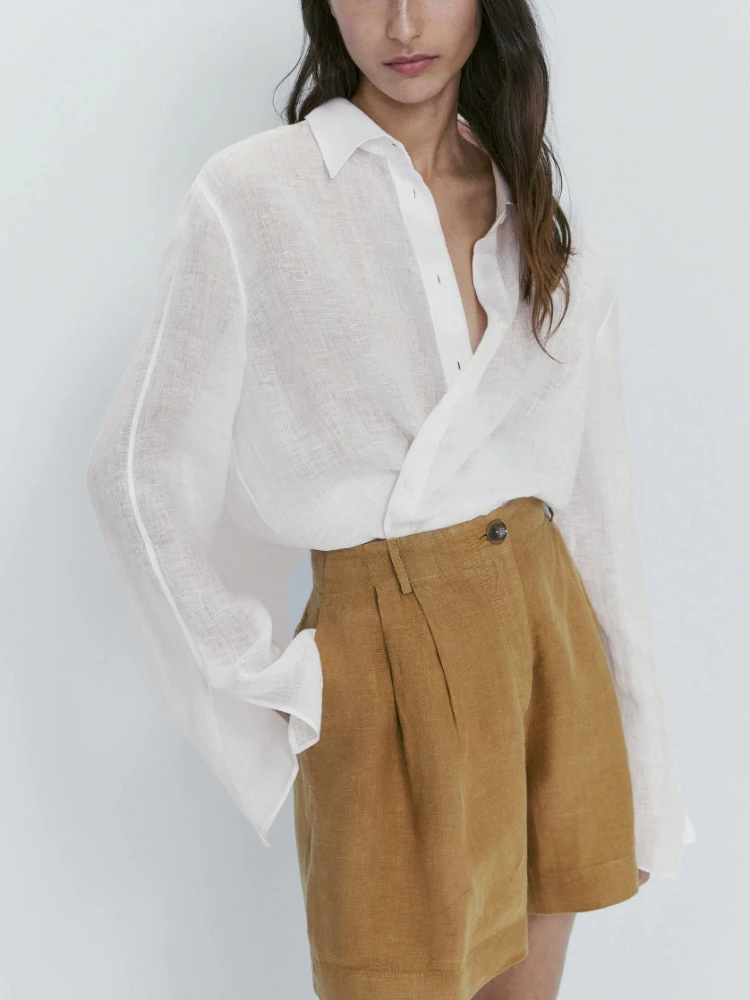 MD Women's Summer New Fashion Pleated Linen Solid Color High Waist Casual All-match Commuting Straight Wide-leg Shorts Hot Pants