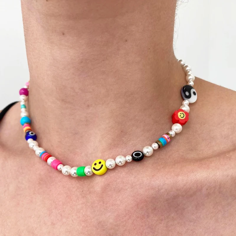 

Жемчужное ожерелье с желтым смайликом, новые ювелирные изделия 2022, оптовая продажа, ожерелье с силиконовым цветком, женское короткое ожерел...