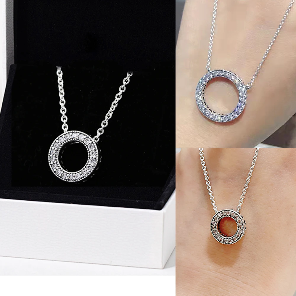 

2022 Trend Elegant Jewelry Crystal Circle Pendant Necklace Silver Color Unquie Women Necklace Collier femme Collares Fit pandora