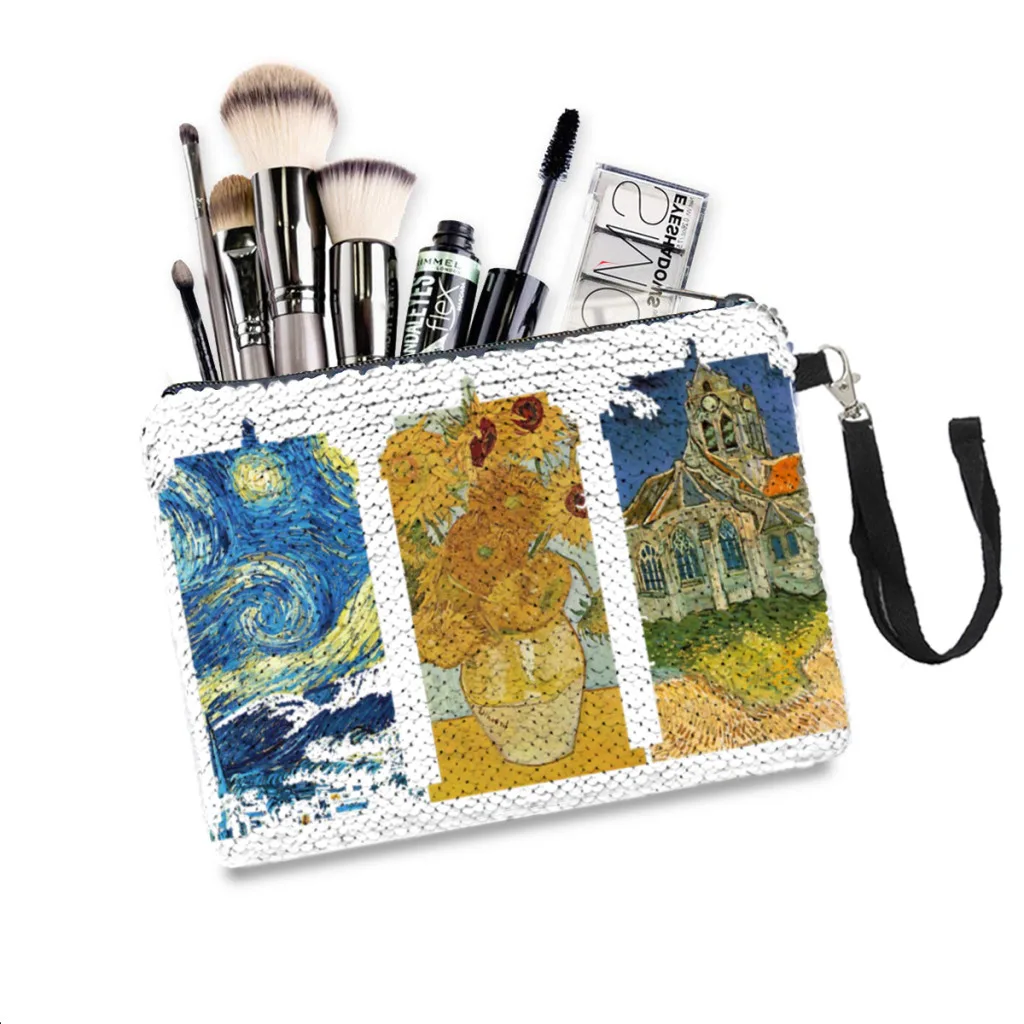 

Sequins Makeup Bag Vincent Van Gogh Painter Women Girl Glitter Portable Cosmetic Bag Small Organizer Pouchs Travel Storage