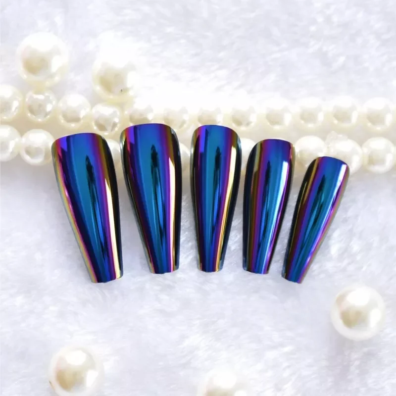 

Накладные ногти с металлическим зеркальным покрытием, хром, бриллиант, голубой цвет, накладные ногти, очень длинные женские кончики для пал...