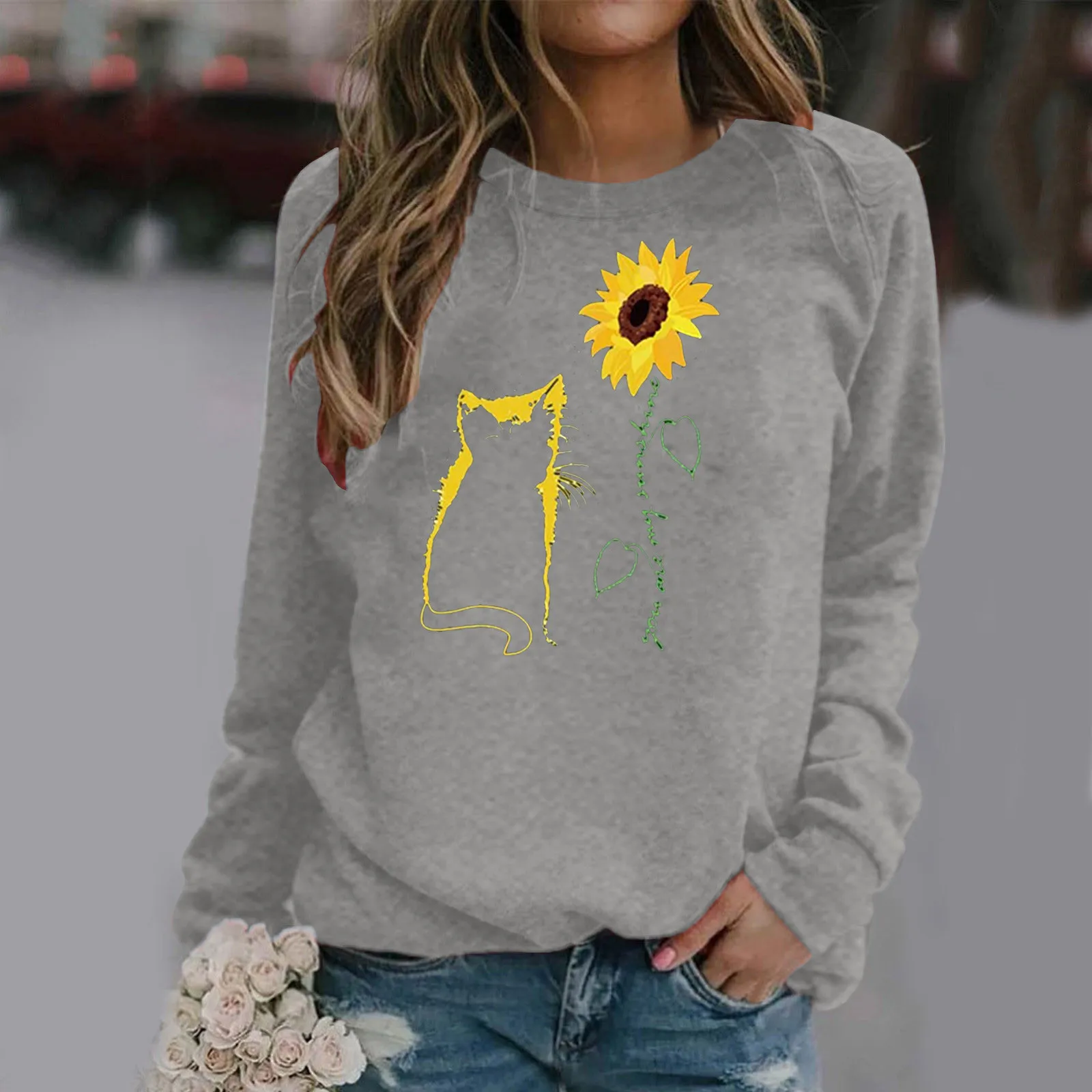 

Black Urban Womens Daily Print O Neck Sweatshirt Round Neck Fit Pullover Tops Casual Long Simple Southern Women Sweatshirts